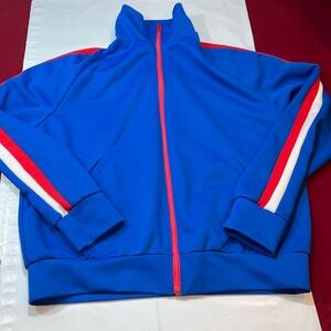Vintage BLUE zip track JACKET arm stripes men’s S  red white polyester high neck